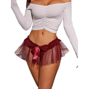 imageOYOANGLE Womens Mesh Babydoll Lingerie Cute Bow Tie Ruffle Lace Trim Thong Panty Low Rise UnderwearBurgundy