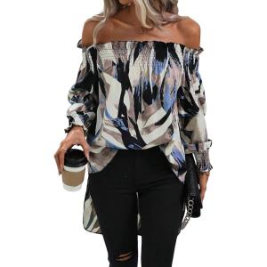 imageOYOANGLE Womens Off Shoulder High Low Tunic Tops Allover Print Long Puff Sleeve BlouseBlack Multi