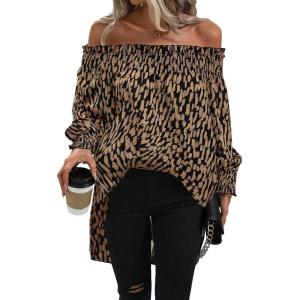 imageOYOANGLE Womens Off Shoulder High Low Tunic Tops Allover Print Long Puff Sleeve BlouseBrown