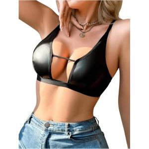 imageOYOANGLE Womens PU Leather Contrast Mesh Cut Out Bras Wireless Unlined Plunge Bralettes Cami TopBlack