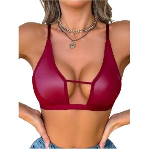 imageOYOANGLE Womens PU Leather Contrast Mesh Cut Out Bras Wireless Unlined Plunge Bralettes Cami TopBurgundy