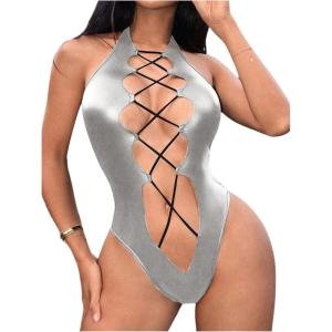 imageOYOANGLE Womens PU Leather Criss Cross Lingerie Halter Bodysuit Cut Out Backless Rave Body SuitsSilver