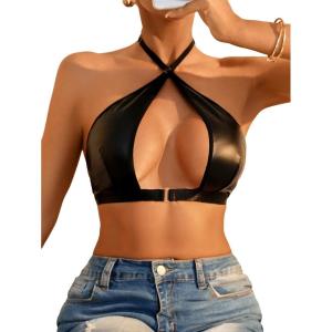 imageOYOANGLE Womens Pu Leather Lingerie Crisscross Cut Out Halter Bralette No Padded Backless BraBlack
