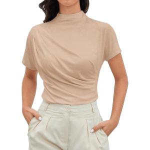 imageOYOANGLE Womens Ruched Draped Front Mock Neck Short Sleeve Solid Tee Shirt TopApricot