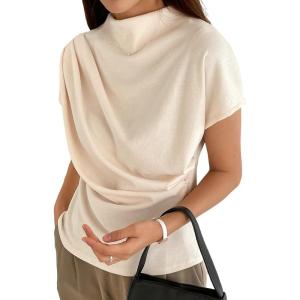 imageOYOANGLE Womens Ruched Draped Front Mock Neck Short Sleeve Solid Tee Shirt TopBeige