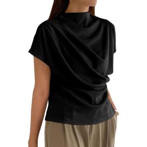 imageOYOANGLE Womens Ruched Draped Front Mock Neck Short Sleeve Solid Tee Shirt TopBlack