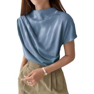 imageOYOANGLE Womens Ruched Draped Front Mock Neck Short Sleeve Solid Tee Shirt TopBlue
