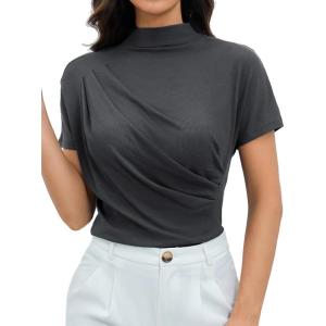 imageOYOANGLE Womens Ruched Draped Front Mock Neck Short Sleeve Solid Tee Shirt TopGrey