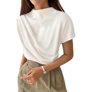 imageOYOANGLE Womens Ruched Draped Front Mock Neck Short Sleeve Solid Tee Shirt TopWhite