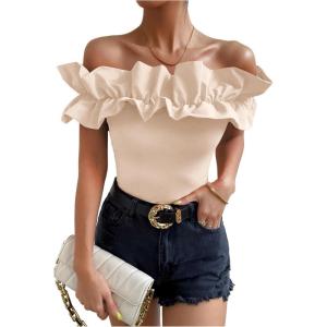 imageOYOANGLE Womens Ruffle Trim Off Shoulder Short Sleeve Blouse Party Tops ShirtApricot