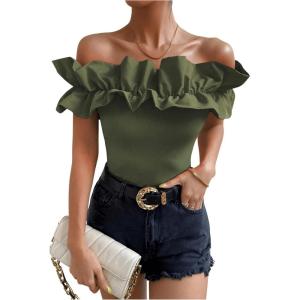 imageOYOANGLE Womens Ruffle Trim Off Shoulder Short Sleeve Blouse Party Tops ShirtArmy Green