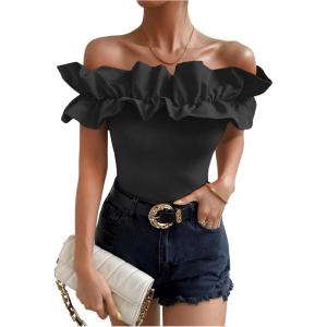 imageOYOANGLE Womens Ruffle Trim Off Shoulder Short Sleeve Blouse Party Tops ShirtBlack Solid