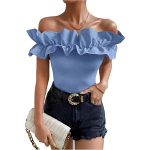 imageOYOANGLE Womens Ruffle Trim Off Shoulder Short Sleeve Blouse Party Tops ShirtBlue