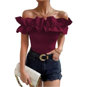 imageOYOANGLE Womens Ruffle Trim Off Shoulder Short Sleeve Blouse Party Tops ShirtBurgundy