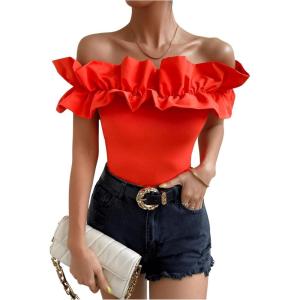imageOYOANGLE Womens Ruffle Trim Off Shoulder Short Sleeve Blouse Party Tops ShirtBurnt Orange