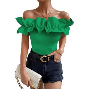 imageOYOANGLE Womens Ruffle Trim Off Shoulder Short Sleeve Blouse Party Tops ShirtGreen