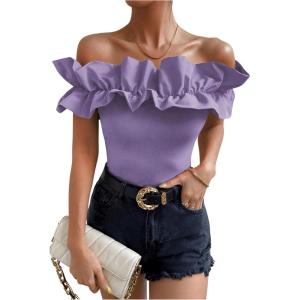 imageOYOANGLE Womens Ruffle Trim Off Shoulder Short Sleeve Blouse Party Tops ShirtPurple