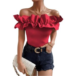 imageOYOANGLE Womens Ruffle Trim Off Shoulder Short Sleeve Blouse Party Tops ShirtRed
