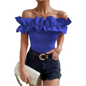 imageOYOANGLE Womens Ruffle Trim Off Shoulder Short Sleeve Blouse Party Tops ShirtRoyal Blue