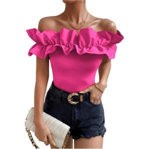 imageOYOANGLE Womens Ruffle Trim Off Shoulder Short Sleeve Blouse Party Tops ShirtSolid Pink