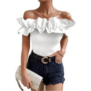 imageOYOANGLE Womens Ruffle Trim Off Shoulder Short Sleeve Blouse Party Tops ShirtWhite Solid