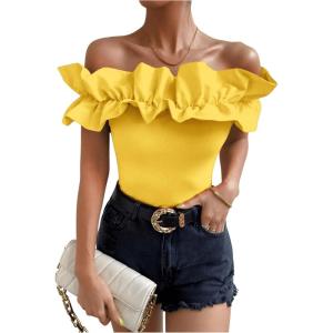 imageOYOANGLE Womens Ruffle Trim Off Shoulder Short Sleeve Blouse Party Tops ShirtYellow
