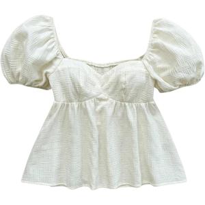 imageOYOANGLE Womens Textured Sweetheart Neck Blouses Puff Short Sleeve Ruffle Hem Cute Peplum TopsBeige