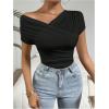 imageOYOANGLE Womens Asymmetrical Neck Ruched Short Sleeve TShirt Summer Trendy Tee TopsBlack