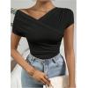 imageOYOANGLE Womens Asymmetrical Neck Ruched Short Sleeve TShirt Summer Trendy Tee TopsBlack