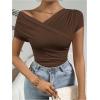 imageOYOANGLE Womens Asymmetrical Neck Ruched Short Sleeve TShirt Summer Trendy Tee TopsCoffee Brown