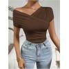 imageOYOANGLE Womens Asymmetrical Neck Ruched Short Sleeve TShirt Summer Trendy Tee TopsCoffee Brown