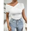 imageOYOANGLE Womens Asymmetrical Neck Ruched Short Sleeve TShirt Summer Trendy Tee TopsWhite