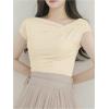 imageOYOANGLE Womens Asymmetrical Neck Short Sleeve TShirts Ruched Tight ShirtsBeige