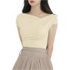 imageOYOANGLE Womens Asymmetrical Neck Short Sleeve TShirts Ruched Tight ShirtsBeige
