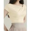 imageOYOANGLE Womens Asymmetrical Neck Short Sleeve TShirts Ruched Tight ShirtsBeige