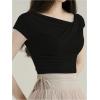imageOYOANGLE Womens Asymmetrical Neck Short Sleeve TShirts Ruched Tight ShirtsBlack