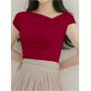 imageOYOANGLE Womens Asymmetrical Neck Short Sleeve TShirts Ruched Tight ShirtsRed