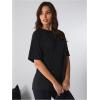 imageOYOANGLE Womens Butterfly Cut Out Back T Shirts Crew Neck Short Sleeve Loose Casual Tee TopsBlack