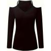 imageOYOANGLE Womens Cold Shoulder V Neck Long Sleeve T Shirt Slim Fit Solid Basic Casual Tee Shirts TopsBlack