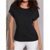 imageOYOANGLE Womens Criss Cross Open Back Sheer Sports Shirts Short Sleeve Crew Neck Workout TopsBlack