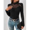 imageOYOANGLE Womens Elegant Lace Long Sleeve Mock Neck Embroidery Slim Fit Bodysuit Tee TopsBlack