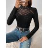 imageOYOANGLE Womens Elegant Lace Long Sleeve Mock Neck Embroidery Slim Fit Bodysuit Tee TopsBlack