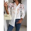 imageOYOANGLE Womens Floral Eyelet Embroidery Band Collared 34 Puff Sleeve Blouses Button Down Casual ShirtsWhite Red