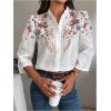 imageOYOANGLE Womens Floral Eyelet Embroidery Band Collared 34 Puff Sleeve Blouses Button Down Casual ShirtsWhite Red