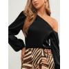 imageOYOANGLE Womens One Shoulder Lantern Long Sleeve Blouses Solid Casual Satin Shirts Top WorkwearBlack
