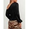 imageOYOANGLE Womens One Shoulder Lantern Long Sleeve Blouses Solid Casual Satin Shirts Top WorkwearBlack