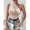 imageOYOANGLE Womens Ruched One Shoulder Sleeveless Slim Fit One Piece Bodysuit Tank TopsApricot