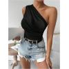 imageOYOANGLE Womens Ruched One Shoulder Sleeveless Slim Fit One Piece Bodysuit Tank TopsBlack