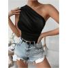imageOYOANGLE Womens Ruched One Shoulder Sleeveless Slim Fit One Piece Bodysuit Tank TopsBlack