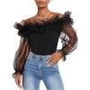 imageOYOANGLE Womens Ruffle Off Shoulder Blouse Mesh Puff Sleeve Party Tops Fitted Tee ShirtBlack
